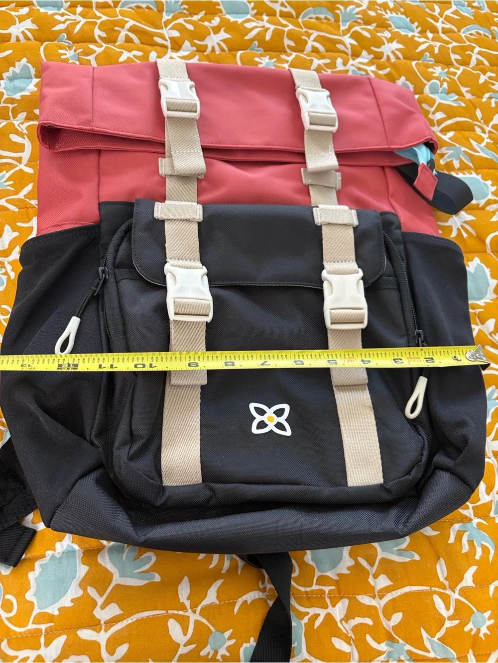 Black and Coral Roll-Top Canvas Backpack with Beige Straps